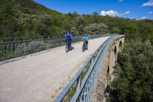 Une mère et son fils traverse en vélo un pont de type Eiffel sur la voie verte Passa Païs dans le Haut-Languedoc à hauteur d'Olargues