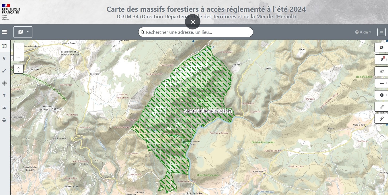 Carte massif sensible incendies 2024 - Monts de St Guilhem @ Valabre - Préfecture 34