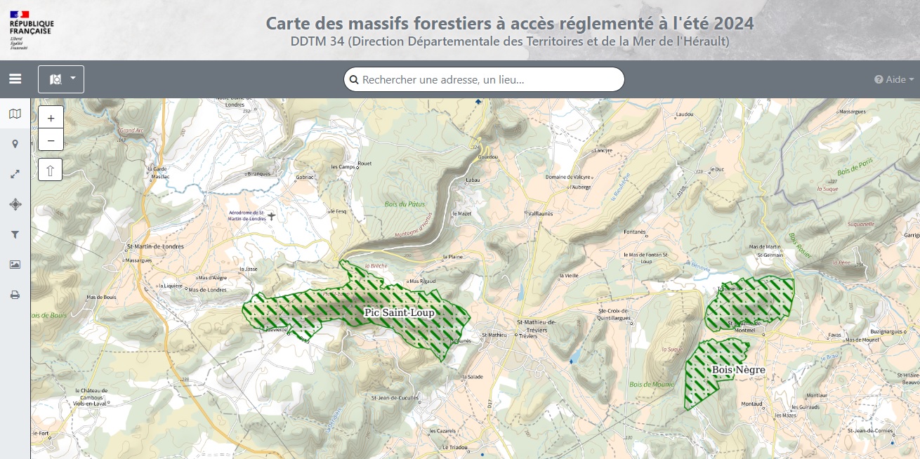 Carte massifs sensibles incendies 2024 - pic st loup et puech des mourgues @Valabre - DDTM34