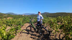 Femme avec VTT au milieu d'un vignoble